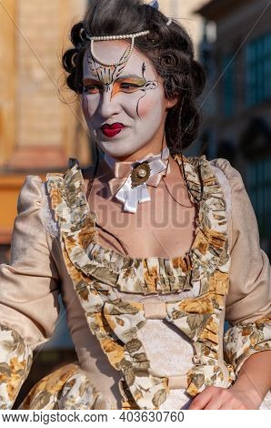 Timisoara, Romania - March 31, 2017: People In Costumes And Stilts At The Checkart Festival