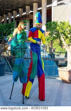 Timisoara, Romania - September 05, 2020: People In Costumes And Stilts At The Checkart Festival