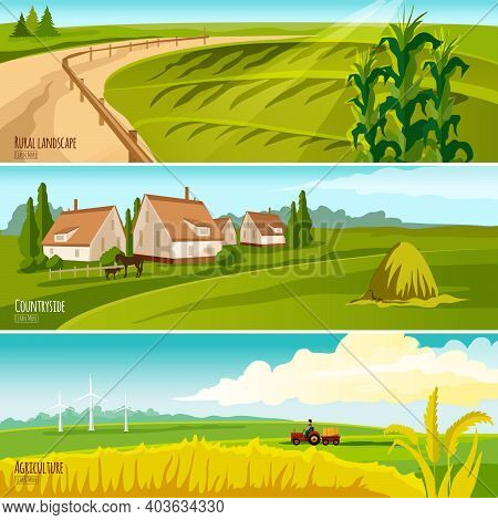 Countryside Cropland Under Cultivation And Farmhouses With Haystack 3 Horizontal Flat Banners Set Ab