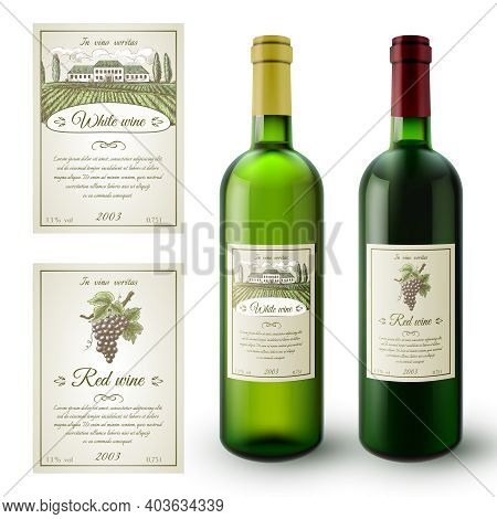 Wine Realistic Bottles And Paper Sticky Labels Set Isolated Vector Illustration