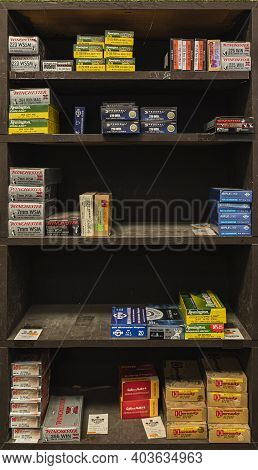 Placerville, Usa - November 25, 2020: Half Empty Shelves With Rifle Ammo Boxes At A Gun Shop, Ammuni