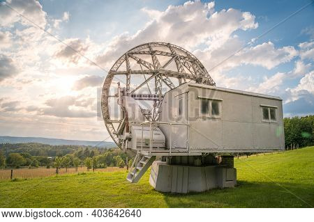 Satellite Dish In A Summer Landscape, Radiotelescope For Deep Space Research. Ondrejov Observatory, 