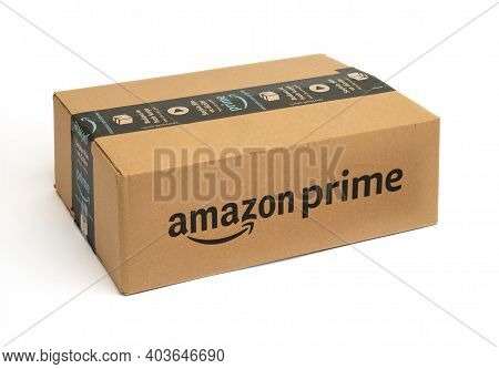 Amazon Prime Cargo Box On White Background. Amazon Order Package. .