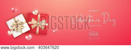 Long Horizontal Valentine's Day Sale Banner. Realistic Gift Box And Hearts On Red Background. Promo 