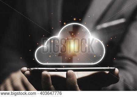 Cloud Computing Technology Transformation Concept, Businessman Touching On Virtual Cloud Computing O