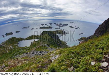 Panoramic View Of The Town Henningsvaer, From Festvågtid Mountain. Lofoten, Norway