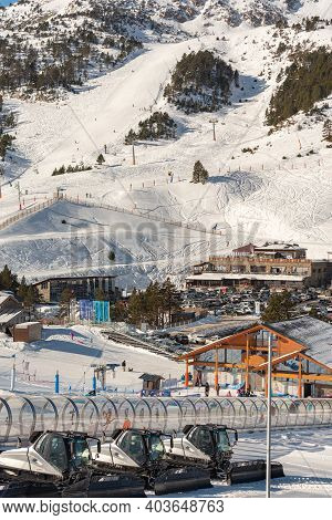 Grandvalira, Andorra: 2021 January 17: Parking And Restaurant Of The Grandvalira Ski Resort In Grau 