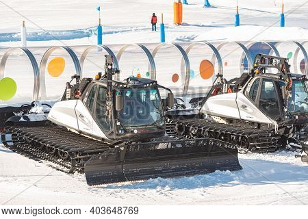 Grandvalira, Andorra: 2021 January 17: Prinoth Snow Groomers  From The Grandvalira Ski Resort In El 
