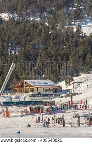 Grandvalira, Andorra: 2021 January 17: Parking And Restaurant Of The Grandvalira Ski Resort In Grau 