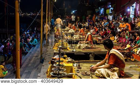 Varanasi, India - May 06, 2019 - Varanasi Ganga Aarti Rituals At Dashashwamedh Ghat Performed By You
