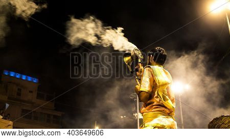 Varanasi, India - May 06, 2019 - Varanasi Ganga Aarti Rituals At Dashashwamedh Ghat Performed By You
