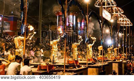 Varanasi, India - May 06, 2019 - Varanasi Ganga Aarti Rituals At Dashashwamedh Ghat Performed By You