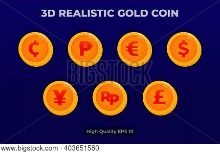 3d Realistic Gold Coin Illustration. Coin Currency Pack . Vector Design For Landing Page, Banner, We