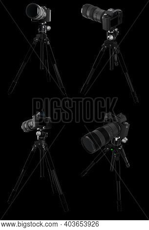 Photo And Video Tripod With Nonexistent Dslr Camera On It Isolated On Black Background With Clipping