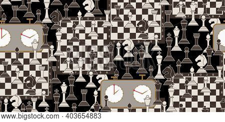 Seamless Pattern With Chess Pieces. Monochrome Flat King, Queen, Bishop, Knight, Rook, Pawn, Chess B