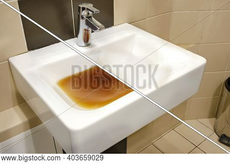Dirty Sink Before And After Clearing The Blockage. Clog Problems In The Bathroom And Toilet