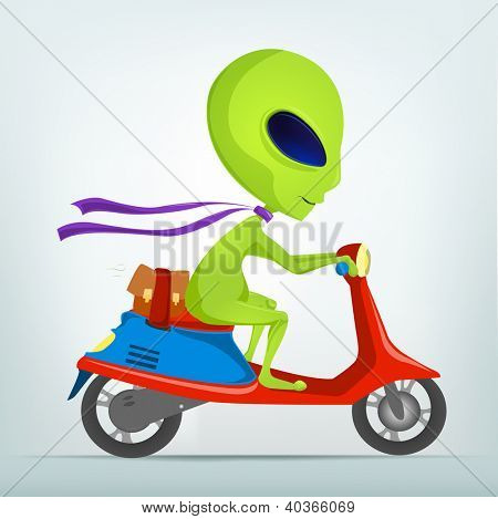 Kreslená postava legrační Alien izolovaných na šedém pozadí přechodu. Skútr. Vektorový EPS 10.