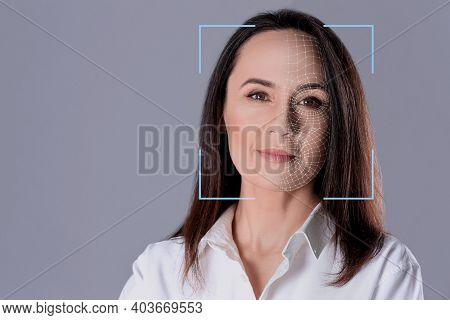 Facial Recognition System. Woman With Scanner Frame And Digital Biometric Grid On Grey Background, S