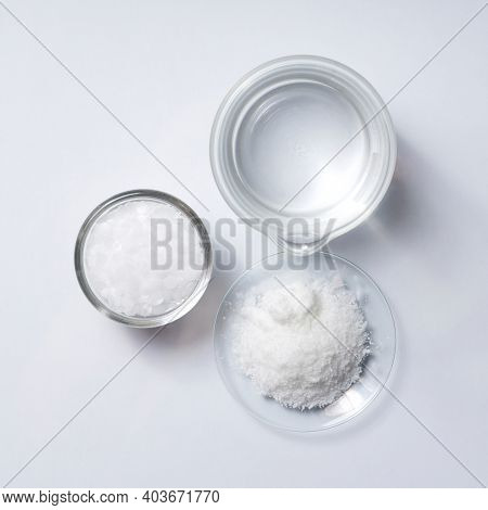 Cosmetic Chemicals Ingredient On Laboratory Table. Microcrystalline Wax, Potassium Chloride (kcl).