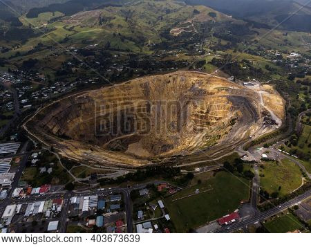 Aerial Panorama View Of Amertha Gold Mine In Waihi Town City Waikato Bay Of Plenty Coromandel North 