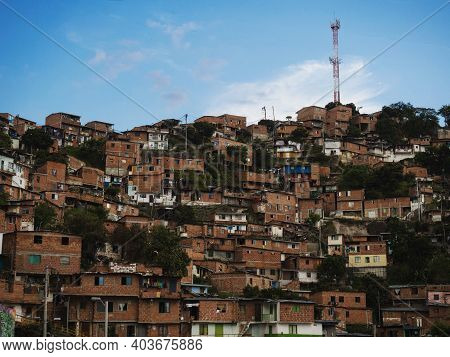 Panorama Cityscape Of Colorful Brick Houses In Comuna 13 San Javier Neighborhood Poverty Slum In Med