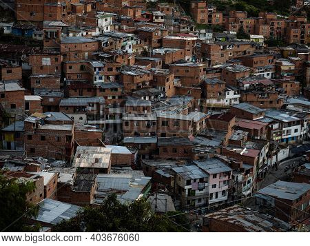 Panorama Cityscape Of Colorful Brick Houses In Comuna 13 San Javier Neighborhood Poverty Slum In Med