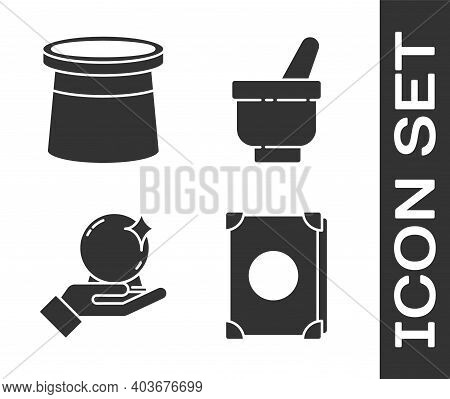 Set Ancient Magic Book, Magician Hat, Magic Ball On Hand And Magic Mortar And Pestle Icon. Vector