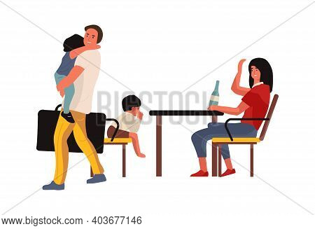 Family Conflict. Mother And Father Brawling. Man And Woman Quarreling In Presence Of Kids. Conflicti