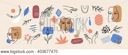 Abstract Face Art. Contemporary Line Flowers, Women Faces And Minimalist Nature Elements Collection.