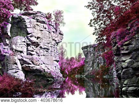 Purple Infrared Landscape. Beautiful Rocky Canyon With River (hirskyy Tikich) In Buky Village, Ukrai