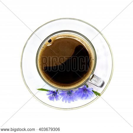 Top View Of A Cup Of Drink With Chicory And Flowers Chicory ( Cichorium Intybus ) On White Backgroun