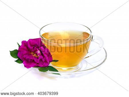 Tea And Flower Pink Tea Roses On A White Background