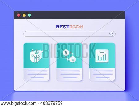 Set Cryptocurrency Exchange, Bull And Bear Of Stock Market And Pie Chart Infographic Icon. Vector