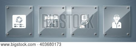 Set Trader, Hand Holding Bitcoin, Calendar And Pie Chart Infographic. Square Glass Panels. Vector