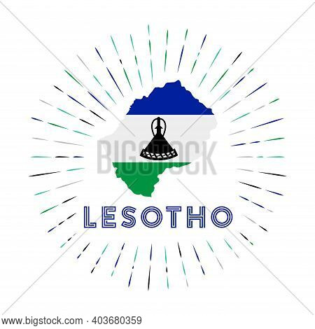 Lesotho Sunburst Badge. The Country Sign With Map Of Lesotho With Mosotho Flag. Colorful Rays Around