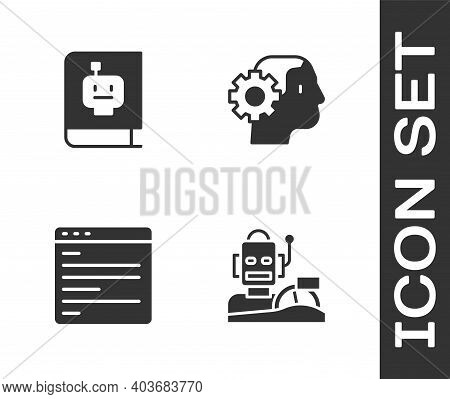 Set Robot Humanoid Driving A Car, User Manual, Computer Api Interface And Humanoid Robot Icon. Vecto
