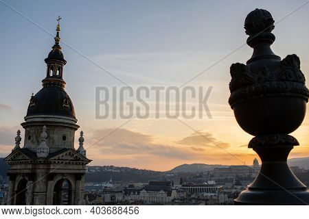 Budapest, Hungary - Panoramic View Of Budapest From The Colonade Of St. Stephens Basilica At Sunset.