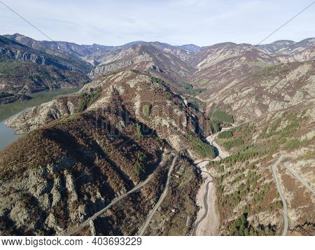 Amazing Aerial View Of Borovitsa Reservoir At Rhodope Mountains, Bulgaria