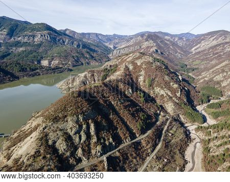 Amazing Aerial View Of Borovitsa Reservoir At Rhodope Mountains, Bulgaria