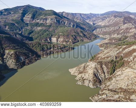 Amazing Aerial View Of Borovitsa Reservoir At Rhodope Mountains, Bulgaria