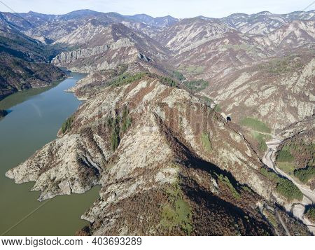 Amazing Aerial View Of Borovitsa Reservoir At Rhodope Mountains, Bulgaria