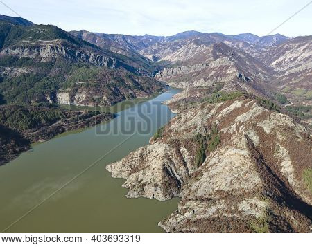 Amazing Aerial View Of Borovitsa Reservoir At Rhodope Mountains, Bulgaria