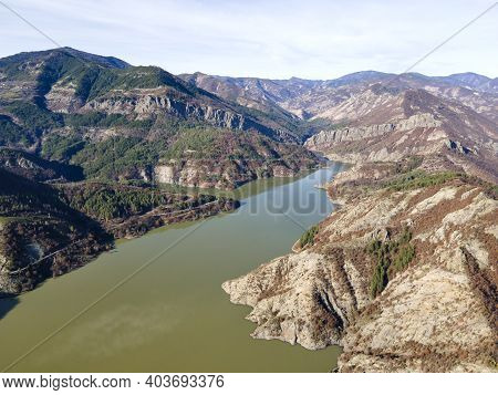 Amazing Aerial View Of Borovitsa Reservoir At Rhodope Mountains, Bulgaria