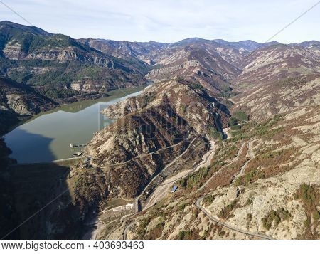 Amazing Aerial View Of Borovitsa Reservoir At Rhodope Mountains, Bulgaria