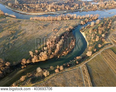 Aerial View Of Vacha River, Pouring Into The Maritsa River Near City Of Plovdiv, Bulgaria