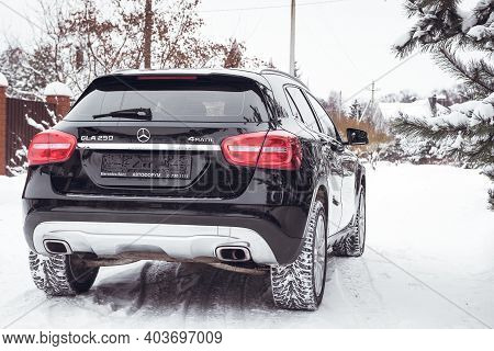 Moscow, Russia-january 10, 2021: Mercedes Benz Gla 250 On A Snow-covered Street Outside The City. Hi