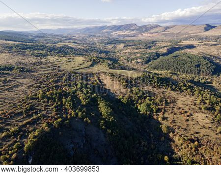 Aerial Autumn Landscape Of Nishava River Gorge, Balkan Mountains, Bulgaria