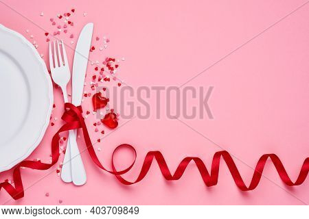 Valentines Day Background Or Concept With Empty White Plate, Small Heart-shaped Plate With Small Hea