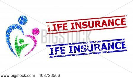 Familty Care Star Mosaic And Grunge Life Insurance Seal Stamps. Red And Blue Seals With Grunge Textu