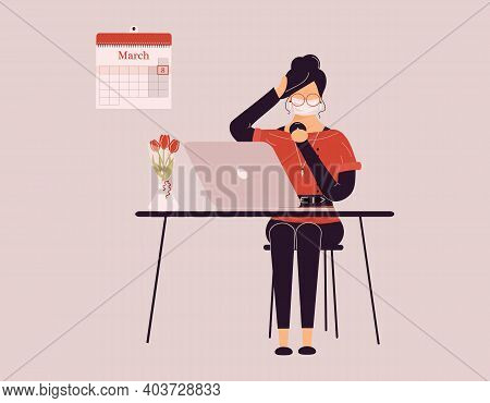 March 8 International Women`s Day.cute Brunette Woman In Protective Medical Mask Preening Work On La